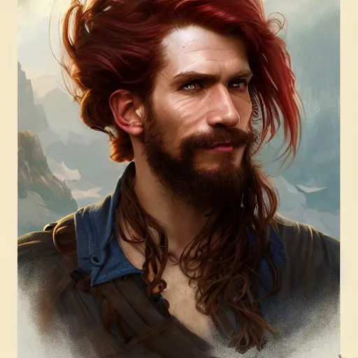 Image similar to portrait of a young ruggedly handsome but optimistic pirate, male, masculine, upper body, red hair, long hair, d & d, fantasy, intricate, elegant, highly detailed, digital painting, artstation, concept art, matte, sharp focus, illustration, art by artgerm and greg rutkowski and alphonse mucha