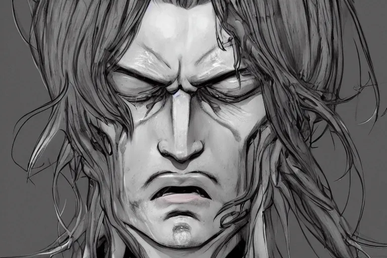 Prompt: close up shot of a crying man, baroque style, elegant, concept art, fancy clothing, highly detailed, artstation, behance, deviantart, inspired by innocent manga, inspired by castlevania concept art, trending, ayami kojima, shinichi sakamoto