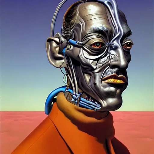 Image similar to Salvador dali portrait half face robot,highly detailed, very coherent, painted by Francis Bacon and Edward Hopper, Wayne Barlowe, painted by James Gilleard, surrealism, airbrush, art by JamesJean