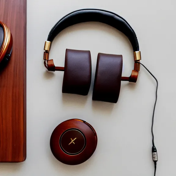 Prompt: meze classics headphones on a mahogany desk next to a sleek macbook, modernist headphones, wood headphones, gold metals, intricate high detail, extreme quality, photographic, meze audio, sennheiser, hifi