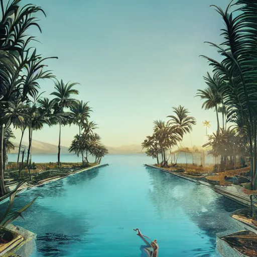 Prompt: indoor liminal space, golden light, peter tarka, palm trees, minimalistic, hyperrealistic surrealism, award winning masterpiece with incredible details, epic stunning, infinity pool mirrors, a surreal vaporwave liminal space with mirrors, highly detailed, trending on artstation, artgerm and greg rutkowski and alphonse mucha, daily deviation