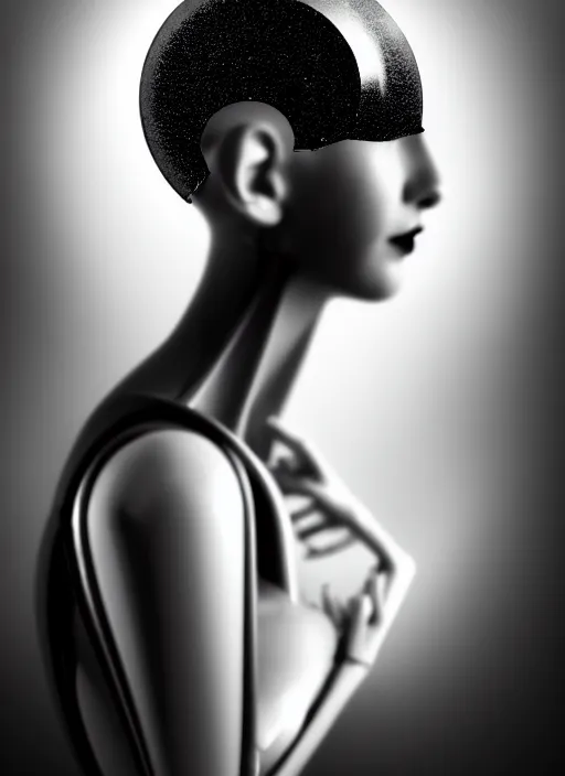 Image similar to surreal mythical dreamy dark artistic black and white fine art fashion portrait photo of a young beautiful delicate female metropolis robot kissing her mirror reflection, spiritual, halo, glory, rim light, cinematic, studio dramatic light, poetic, masterpiece, octane render, 8 k, photo - realistic by dora maar man ray