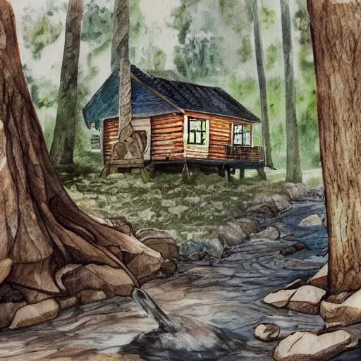 Image similar to water color on paper, cabin in the woods, highly detailed, artstation, masterpiece, award - winning,