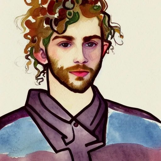 Image similar to abstract experimental watercolor drawing of a young cute handsome beautiful androgynous strawberry blond medium curly hair man in his early 2 0 s wearing a blank maroon t - shirt with grey - blue eyes, by elizabeth peyton and alphonse mucha and vincent van gogh, trending on artstation