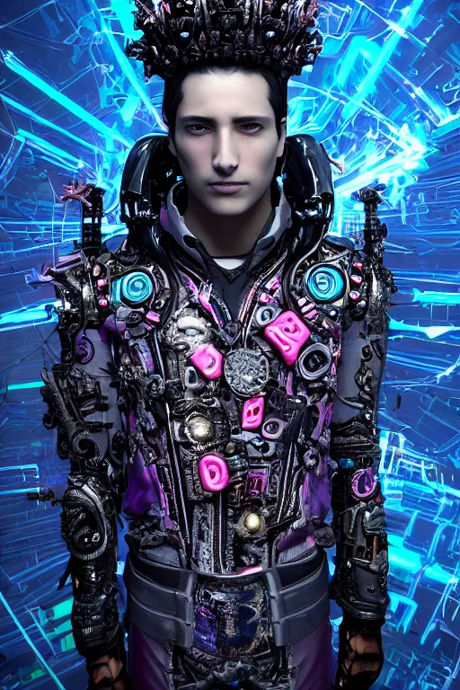 Image similar to full-body cyberpunk style sculpture of a young handsome Colombian prince half android with a chest opening exposing circuitry and electric sparks, glowing pink eyes, crown of blue flowers, flowing salmon-colored silk, fabric, raptors. baroque elements. full-length view. baroque element. intricate artwork by caravaggio. many many birds birds on background. Trending on artstation, octane render, cinematic lighting from the right, hyper realism, octane render, 8k, depth of field, 3D