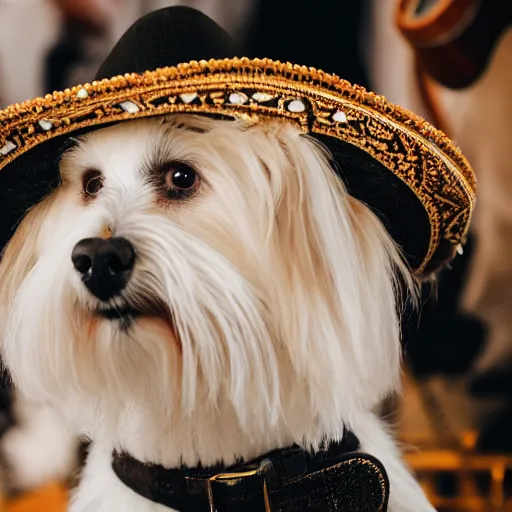 Prompt: a cream-colored Havanese dog dressed as a mariachi Singer, Leica 35mm, 4K