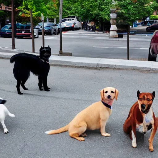 Prompt: Four dogs on the street.