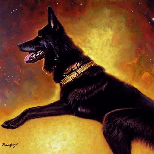 Prompt: a portrait of a black german shepard dogman canine star trek chief engineer the next generation. highly detailed painting by gaston bussiere, craig mullins, j. c. leyendecker, furry