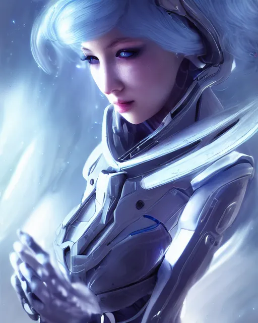 Image similar to perfect android girl on a mothership, warframe armor, beautiful face, scifi, futuristic, galaxy, nebula, raytracing, dreamy, long white hair, blue cyborg eyes, sharp focus, cinematic lighting, highly detailed, artstation, divine, by gauthier leblanc, kazuya takahashi, huifeng huang