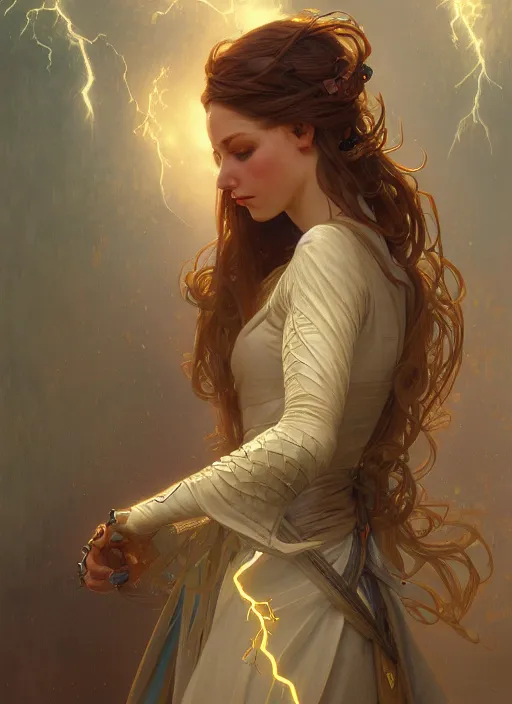 Image similar to person made of lightnings, depth of field, fantasy, medieval wear, intricate, elegant, highly detailed, digital painting, artstation, concept art, smooth, sharp focus, illustration, art by artgerm and greg rutkowski, reimagined by alphonse mucha