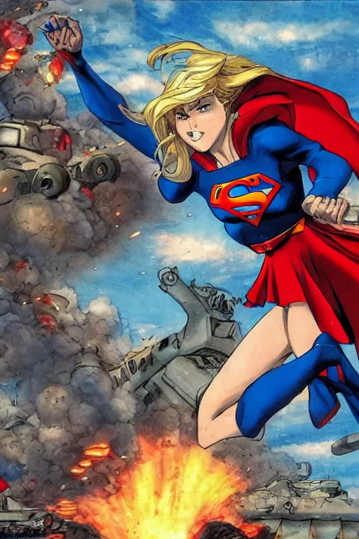 Prompt: a dramatic scene of supergirl leaping onto a tank and smashing it, on a battlefield, smoke, fires, explosions, manga art by masamune shirow, close - up, low angle, wide angle, highly detailed digital art