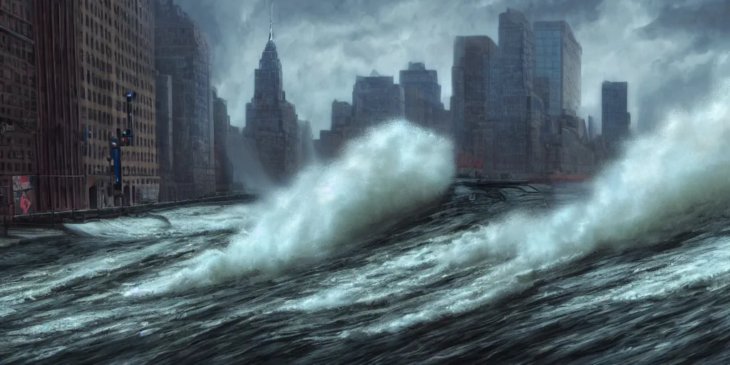 Image similar to a huge tidal wave crashing down on New York City, wide angle, super highly detailed, professional digital painting, artstation, concept art, smooth, sharp focus, no blur, no dof, extreme illustration, Unreal Engine 5, Photorealism, HD quality, 8k resolution, cinema 4d, 3D, beautiful, cinematic, art by artgerm and greg rutkowski and alphonse mucha and loish and WLOP