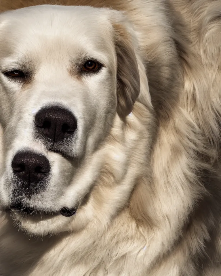 Image similar to 4K HD, high detail photograph, shot with Sigma f/ 4.2 , 250 mm sharp lens, shallow depth of field, subject= White golden retriever, consistent, high detailed light refraction, high level texture render