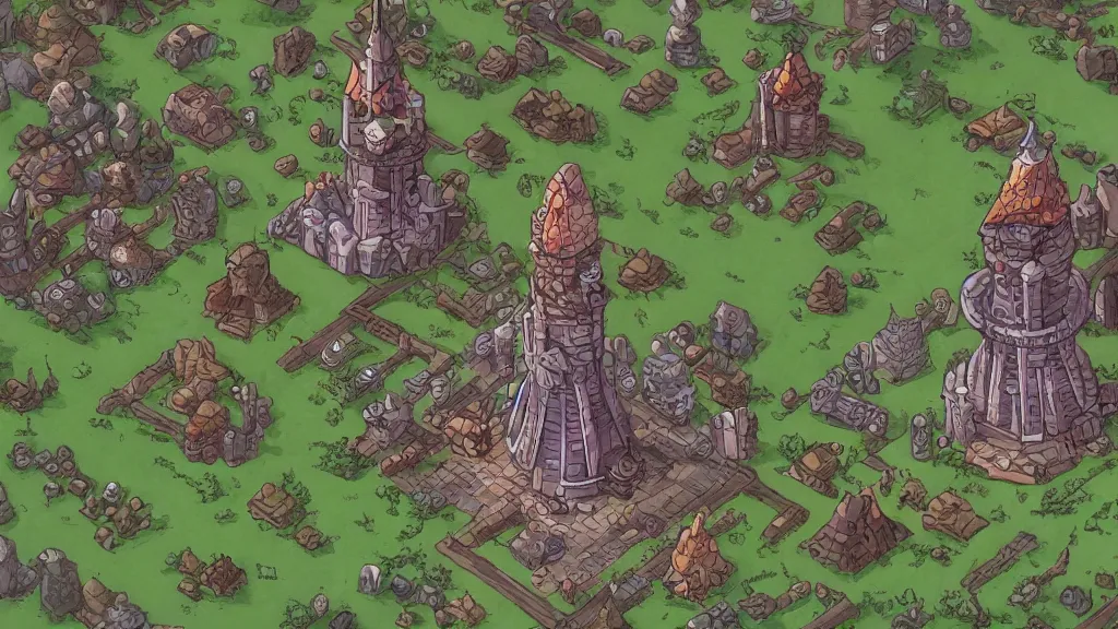 Prompt: aerial view of a wizard tower that's surrounded by resources, lineart from a resource gathering game