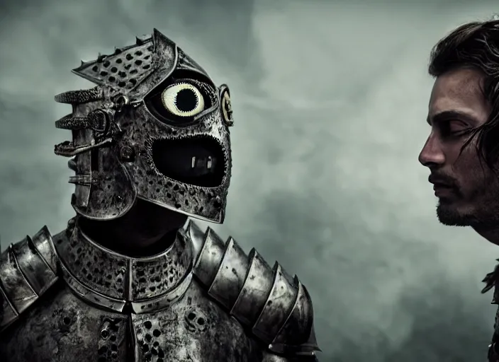 Image similar to A man wearing an armor made entirely out of eyes dueling a man in pyjamas, Very detailed 8k. Fantasy horror. Sharp. Cinematic post-processing