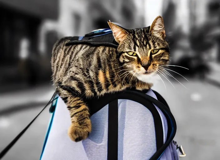 Image similar to photography of a Cat being carried in an half open backpack . in a new york street. award winning photo, led lighting, night, 130mm, sharp, high res