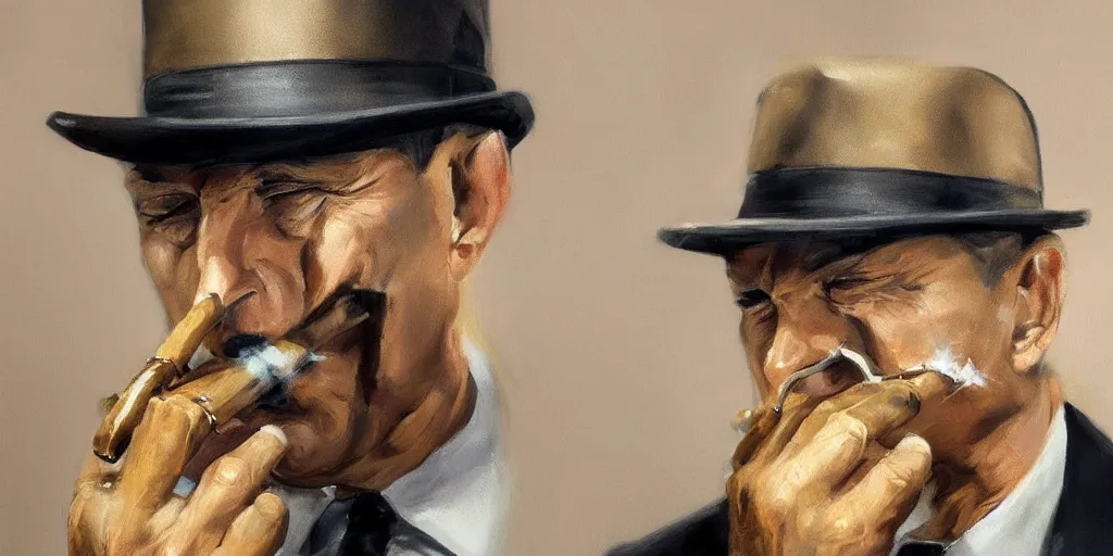 Image similar to abstract oil matte portrait painting, mafia boss smoking a cigar at his 5 0 s new york office desk, wonderful masterpiece highly detailed, beautiful cinematic light deep focus, elegant, digital painting, smooth, sharp focus, golden ratio, dramatic illumination, ultra realistic, 8 k, art by jimmy law