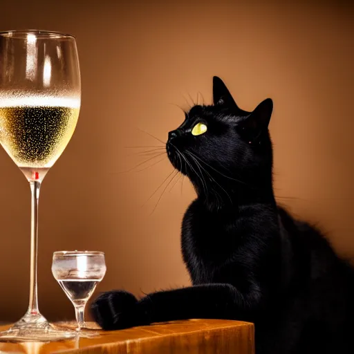 Prompt: a photo of a black cat drinking expensive champagne in a fancy dark bar, mood lighting, f 1. 8, iso 1 6 0 0