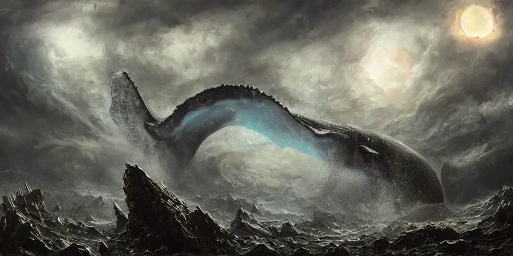 Prompt: concept art of giant whale, lava rocks, lovecraftian, renaissance, roaring, melting horror, round moon, rich clouds, fighting the horrors of the unknown, overgrown forest, very detailed, volumetric light, mist, fine art, decaying, textured oil over canvas, epic fantasy art, very colorful, ornate scales