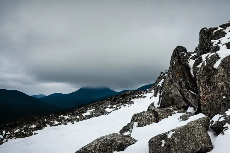 Prompt: franconia ridge, a mountain covered in snow and rocks under a cloudy sky, a tilt shift photo by david budd, trending on unsplash, hudson river school, high dynamic range, still from grand theft auto 5, rockstar advanced game engine