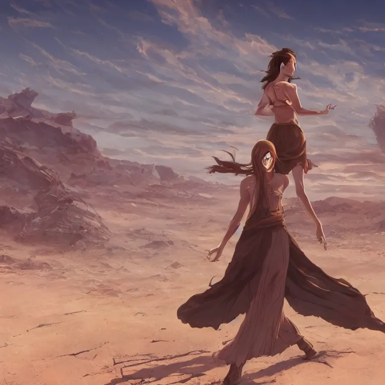 Image similar to A greek goddess walking across a vast desert under an unrelenting sun. award winning. superb resolution. in the art style of junji Ito and greg rutkowski. Detailed post-apocalyptic wasteland in background. Hyper realistic anime. Perfect art.