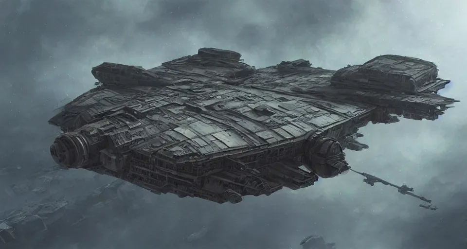 Prompt: a highly detailed epic cinematic concept art CG render digital painting artwork: symmetrical Soviet dieselpunk Millenium Falcon in empty darkness of space. By Greg Rutkowski, Ilya Kuvshinov, WLOP, Stanley Artgerm Lau, Ruan Jia and Fenghua Zhong, trending on ArtStation, subtle muted cinematic colors, made in Maya, Blender and Photoshop, octane render, excellent composition, cinematic atmosphere, dynamic dramatic cinematic lighting, precise correct anatomy, aesthetic, very inspirational, arthouse