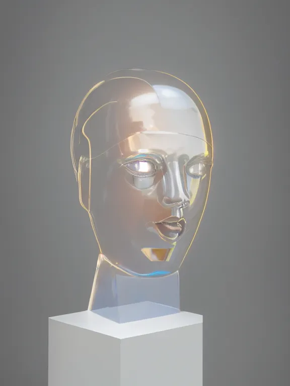 Prompt: an ultra high definition professional studio quality photograph of a transparent iridescent perspex pastel coloured face visor on a white sculpture of a human form in an empty white room. dramatic lighting, ray tracing, refraction, shallow d. o. f, colour corrected, golden ratio, three point light. volumetric shadows. light rays.