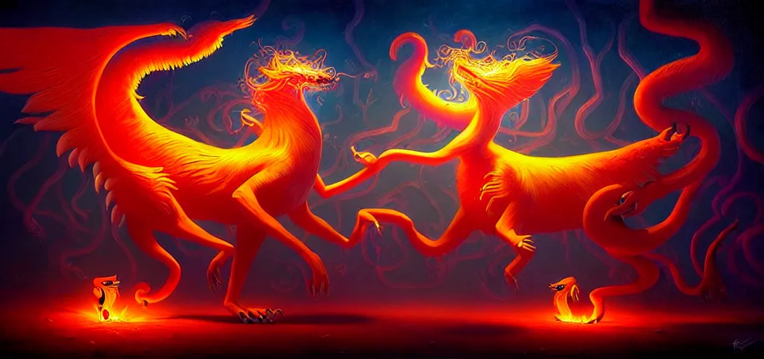 Image similar to strange fiery magical mythical beasts of whimsy, surreal dark uncanny painting by ronny khalil