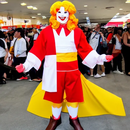 Prompt: photograph of Ronald McDonald cosplaying as the Burger King, Anime Expo, 4k