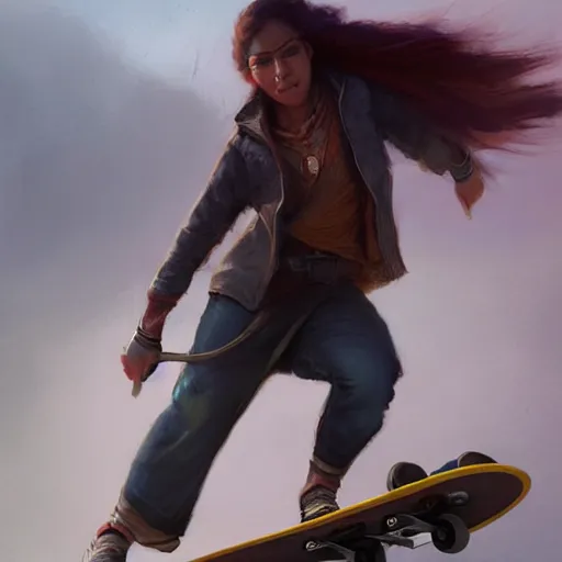 Image similar to A matte painting of Chandra on a skateboard, art by greg rutkowski, trending on artstation