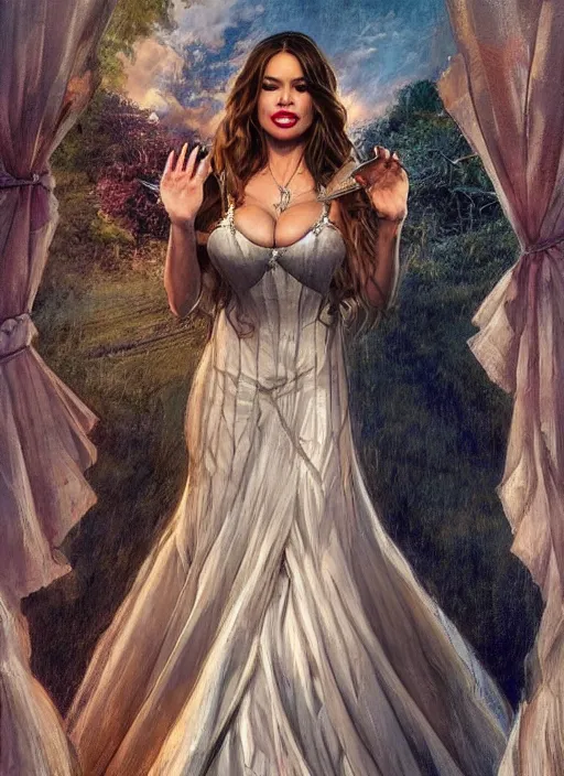 Image similar to sofia vergara as a heroine with a dress inspired by american horror story, holding her chest pushing her bosum together, digital painting, artstation, concept art, smooth, sharp focus, illustration, in - frame, centered, art by artgerm and donato giancola and joseph christian leyendecker, ross tran, wlop