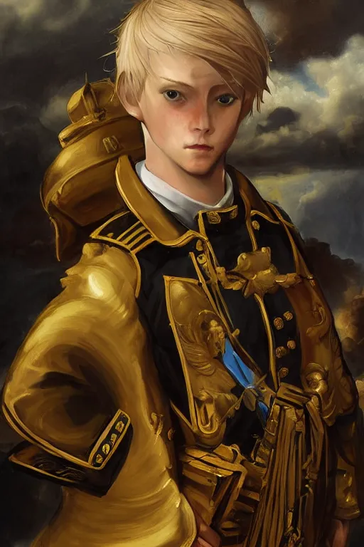 Prompt: baroque oil painting of key visual concept art, portrait of stern anime girl blonde hair blue eyes wearing formal military dress uniform saluting at a full honors military funeral, somber, rule of thirds golden ratio, fake detail, trending pixiv fanbox