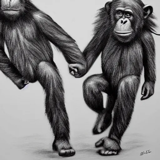 Image similar to pencil art, portait, highly detailed, epic, astronaut chimpanzee holding hands with a friendly human astronaut.