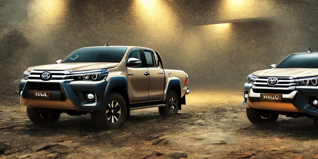 Image similar to toyota hilux, magical environment, unreal 5, hyperrealistic, realistic, photorealistic, dynamic lighting, highly detailed, cinematic landscape, studio landscape, studio lighting