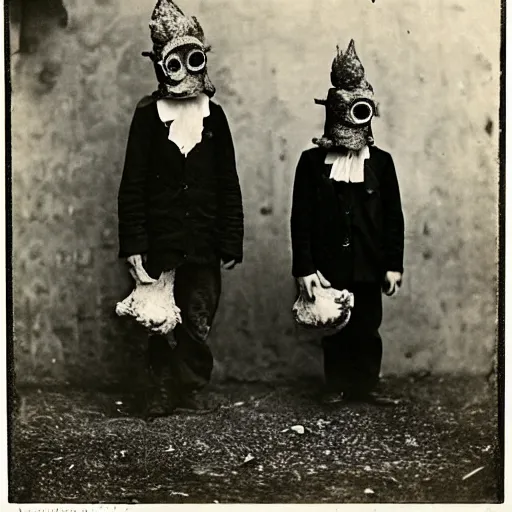 Image similar to portrait of children wearing chicken masks, photograph, style of atget, 1 9 1 0, creepy, dark