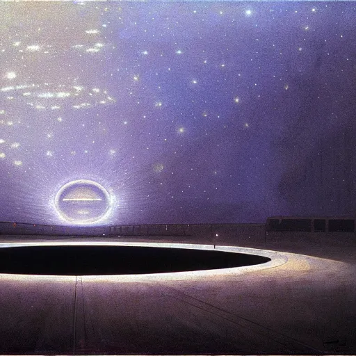 Image similar to Spaceport docking bay at night, inner light. Concept art. Beksinski