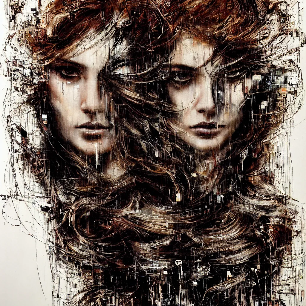 Image similar to hyperrealistic portrait of a mysterious cyberpunk woman with flowing hair, by Guy Denning, Russ Mills, beautiful, elusive, glitch art, hacking effects, glitch effects, photo real, brown eyes, digital tech effects, cybernetics, detailed lines, intricate detail, holographic, polished, chromatic, clear, color blocking, acrylic on canvas, octane, concept art, abstract, red face, front view, 8k, masterpiece, cgsociety, trending on artstation