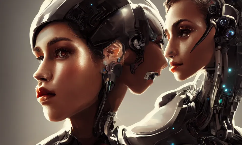 Image similar to cinematic bust portrait of beautiful girl with robot body, portrait, cinematic, elegant, artstation, intricate, highly detailed, digital painting, artstation, concept art, sharp focus, illustration, cyberpunk, cgsociety, 8 k