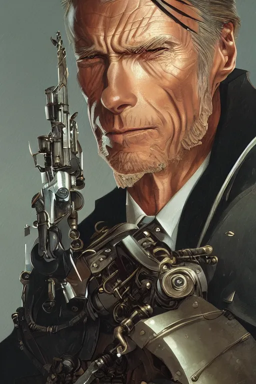 Image similar to young clint eastwood as full metal alchemist, steampunk cyborg, portrait, western, duster, fantasy, intricate, elegant, highly detailed, digital painting, artstation, concept art, sharp focus, illustration, art by artgerm and greg rutkowski and alphonse mucha