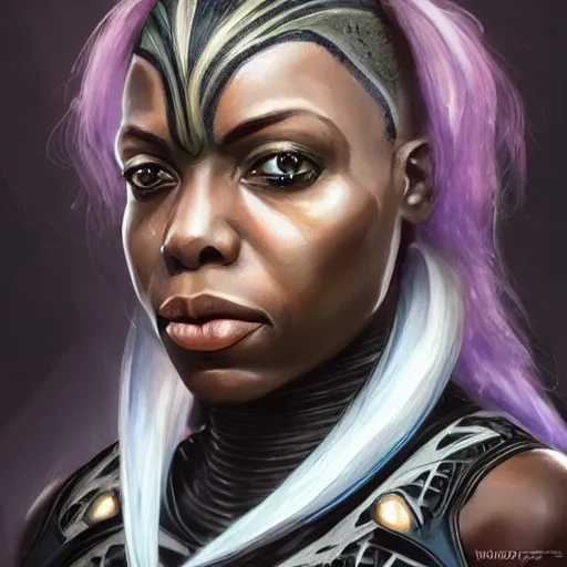 Image similar to beautiful, very strong, wakanda warrior woman, middle aged, face, no makeup, no tattoos, warrior, battle hardened, head shot, fantasy, highly detailed, digital painting, artstation, concept art, smooth, sharp focus, illustration, art by jodie muir and brom