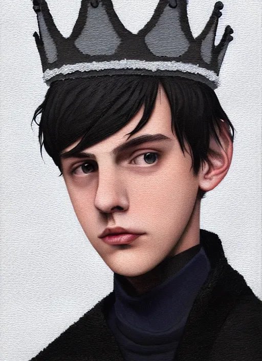 Image similar to portrait of teenage jughead jones wearing a light grey crown, photorealistic, crown made of felt fabric, crown, crown made of felt, black hair, intricate, elegant, highly detailed, digital painting, glowing lights, artstation, concept art, smooth, sharp focus, illustration, art by wlop, mars ravelo and greg rutkowski