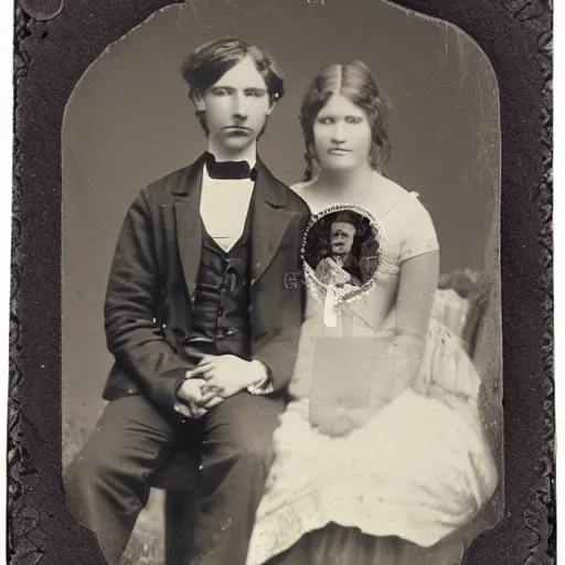 Image similar to antique black and white photograph of a young couple, studio lighting, cardboard cutout backgrounf 1 8 7 6