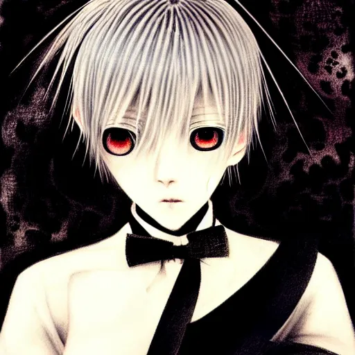 Image similar to Yoshitaka Amano realistic illustration of an anime girl with short white hair and black eyes wearing tuxedo, abstract black and white patterns on the background, noisy film grain effect, highly detailed, Renaissance oil painting
