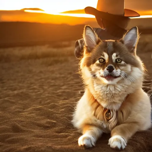 Prompt: siberian cat in a cowboy hat riding a corgi, wild west, sunset