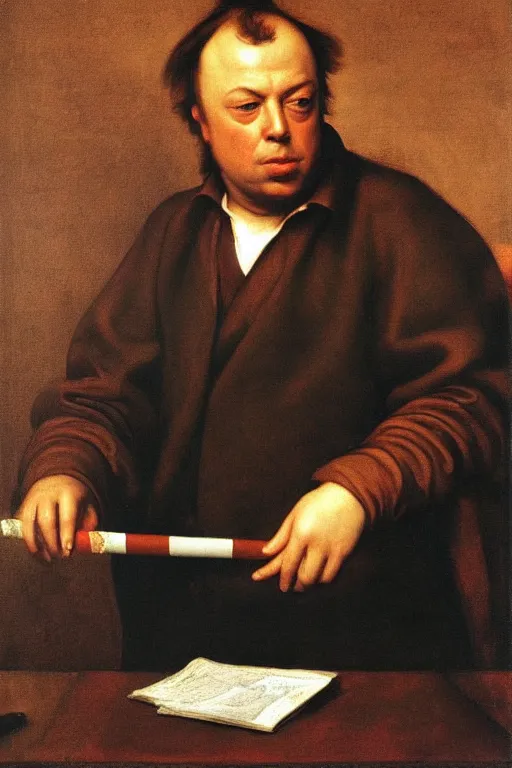 Prompt: Portrait of Christopher Hitchens smoking a cigarette by Raphael