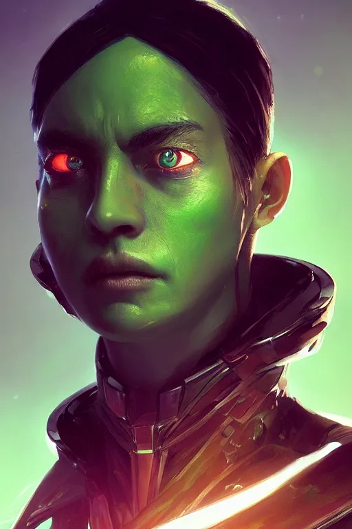 Image similar to a fancy portrait of an attractive green alian by Greg Rutkowski, Sung Choi, Mitchell Mohrhauser, Maciej Kuciara, Johnson Ting, Maxim Verehin, Peter Konig, final fantasy , 8k photorealistic, cinematic lighting, HD, high details, atmospheric , trending on artstation