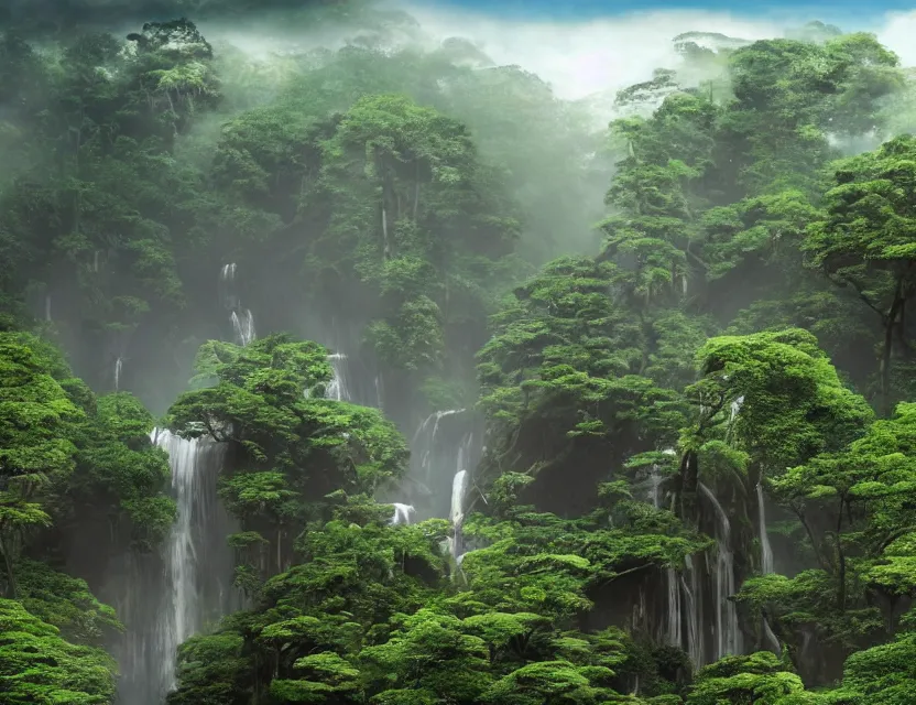 Image similar to a cinematic widescreen photo of epic ancient japanese temples with hot springs on the top of a mountain in a misty bamboo cloud forest with colossal waterfalls at dawn by lee madgewick and studio ghibli and roger dean