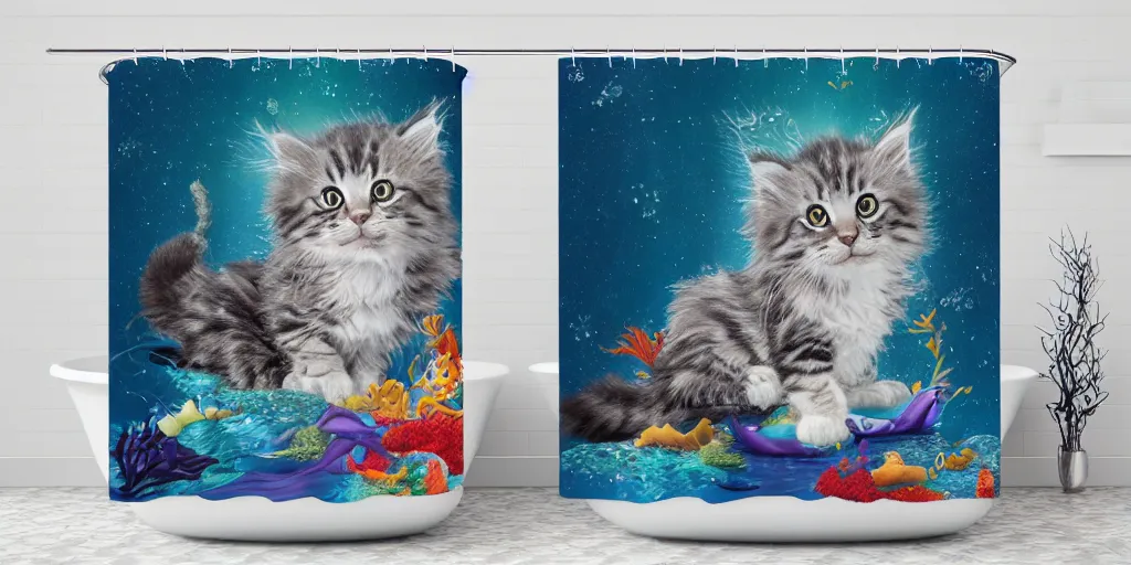 Image similar to a main coon kitten little mermaid themed shower curtain, product photography. digital art. 4 k, highly detailed.