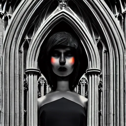 Image similar to architectural shot, no decaying lines, alabaster gothic cathedral, black opal skin, gothic girl dressed in black with macro head face