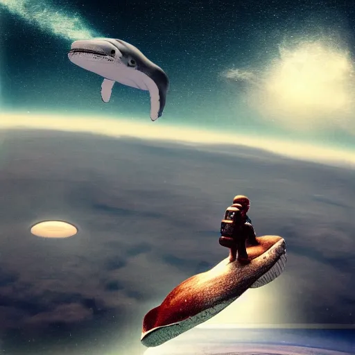 Image similar to astronaut riding on top of floating whale, in undiscovered place, space, exploration, science fiction, fine details, beautiful sky, infinite view, neo